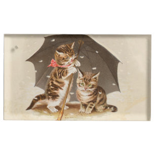 Vintage Kittens Under Umbrella Antique Cat art Place Card Holder