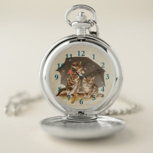 Vintage Kittens Under Umbrella Antique Cat art Pocket Watch