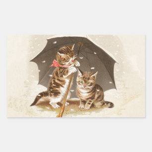 Vintage Kittens Under Umbrella Antique Cat art Rectangular Sticker