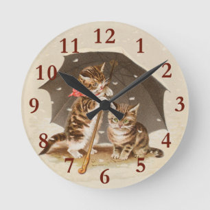 Vintage Kittens Under Umbrella Antique Cat art Round Clock