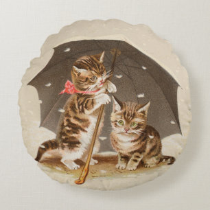 Vintage Kittens Under Umbrella Antique Cat art Round Pillow