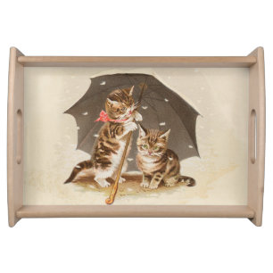 Vintage Kittens Under Umbrella Antique Cat art Serving Tray