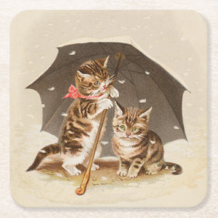 Vintage Kittens Under Umbrella Antique Cat art Square Paper Coaster