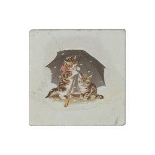Vintage Kittens Under Umbrella Antique Cat art Stone Magnet