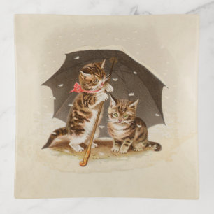 Vintage Kittens Under Umbrella Antique Cat art Trinket Tray