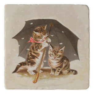 Vintage Kittens Under Umbrella Antique Cat art Trivet
