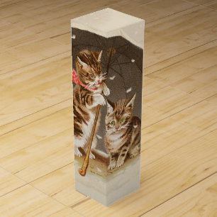 Vintage Kittens Under Umbrella Antique Cat art Wine Box