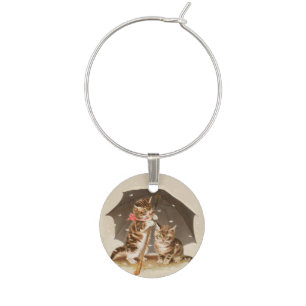 Vintage Kittens Under Umbrella Antique Cat art Wine Charm