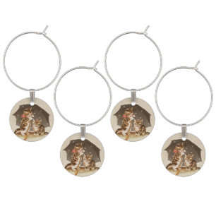 Vintage Kittens Under Umbrella Antique Cat art Wine Charm
