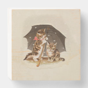 Vintage Kittens Under Umbrella Antique Cat art Wooden Box Sign