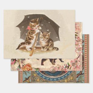 Vintage Kittens Under Umbrella Antique Cat art Wrapping Paper Sheets