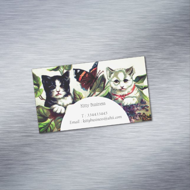 Vintage kittens with butterfly business card magnet (In Situ)