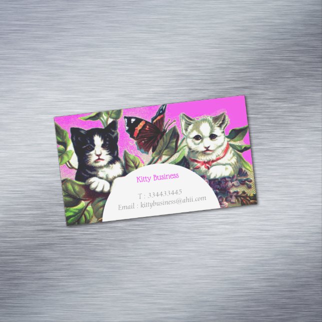 Vintage kittens with butterfly no2 business card magnet (In Situ)