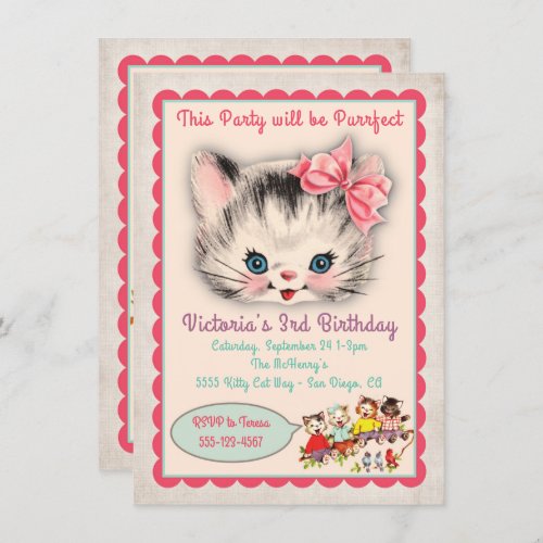 Vintage Kitty Cat Birthday Party Invitation