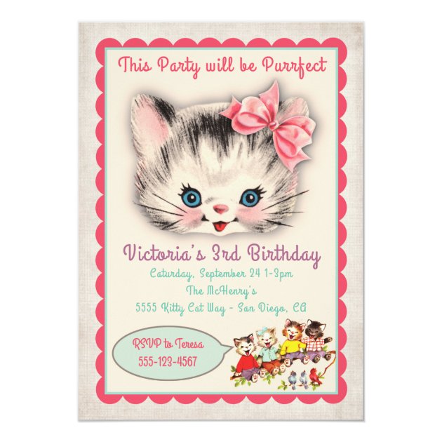 Vintage Kitty Cat Birthday Party Invitation