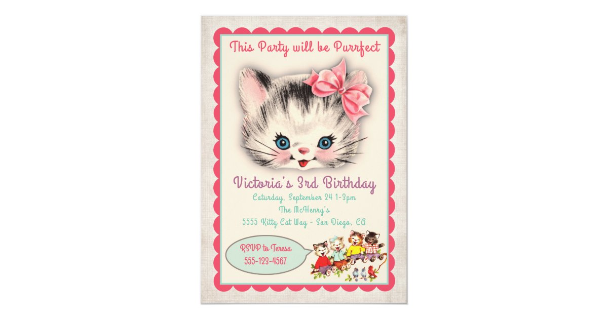 Vintage Kitty Cat Birthday Party Invitation | Zazzle.com