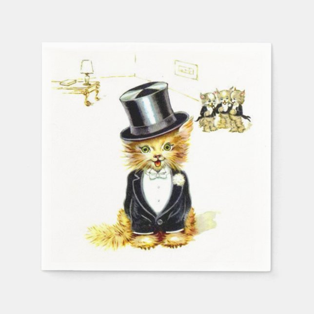 Vintage Kitty cat in a Top Hat Napkins (Front)
