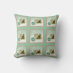 Vintage Kitty Cat in Mint Green and Pink Plaid Throw Pillow
