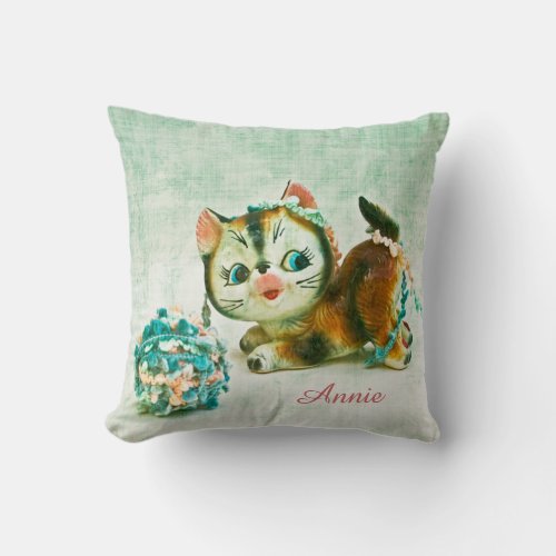 Vintage Kitty Cat _ Personalized Name Throw Pillow