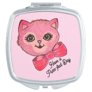 Vintage Kitty Pink Compact Mirror. Vintage gift. Mirror