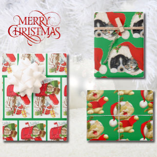 Vintage Kitty & Puppy Red & Green 3 Christmas Wrapping Paper Sheets