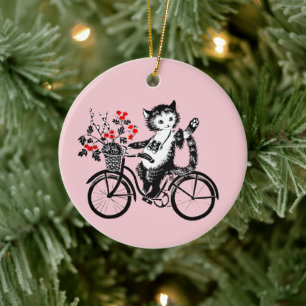Vintage Kitty Riding A Bicycle Ceramic Ornament