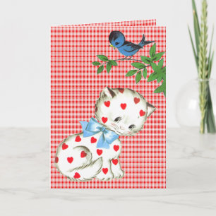Vintage Kitty with a Bird Birthday Card