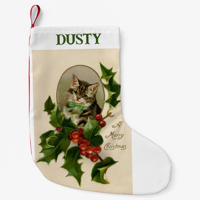 Vintage Kitty With Holly Christmas Stocking (Front)
