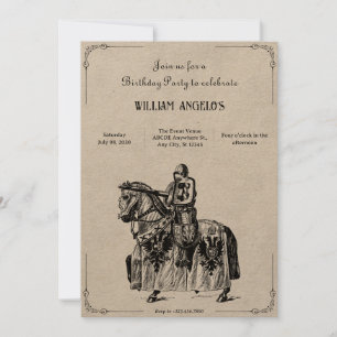 Vintage knight on horseback with sword birthday invitation