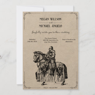Vintage knight on horseback with sword wedding invitation