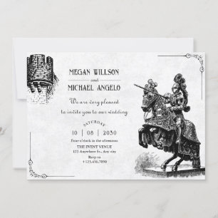 Vintage knight on horseback with sword wedding invitation
