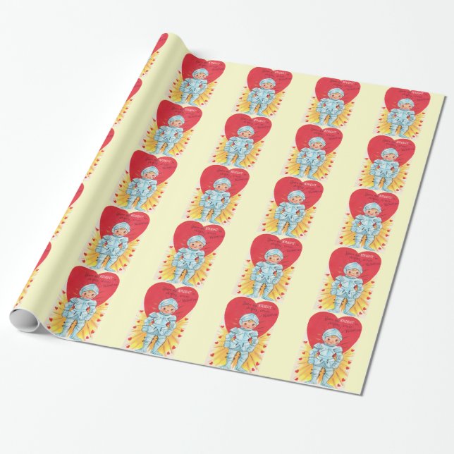 Vintage Knight Valentine Wrapping Paper (Unrolled)