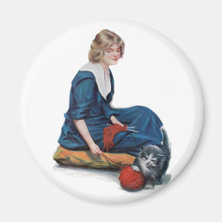 Vintage Knitting Blonde with Kitten Magnet