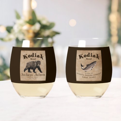 Vintage Kodiak Salmon Label Bear Stemless Wine Glass