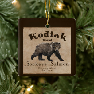 Vintage Kodiak Salmon Label Ceramic Ornament