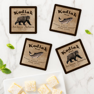 Vintage Kodiak Salmon Label  Coaster Set