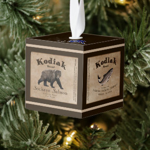Vintage Kodiak Salmon Label Cube Ornament