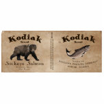 Vintage Kodiak Salmon Label Cutout<br><div class="desc">A label from a can of mythical Kodiak Brand Sockeye Salmon circa 1879. The monochrome (brown) image features a Kodiak Bear (Ursus arctos middendorffi) and a Sockeye Salmon (Oncorhynchus nerka). Text reading "Kodiak Brand Sockeye Salmon" and other information about the mythical Afognak Packing Company and how to prepare the fish....</div>