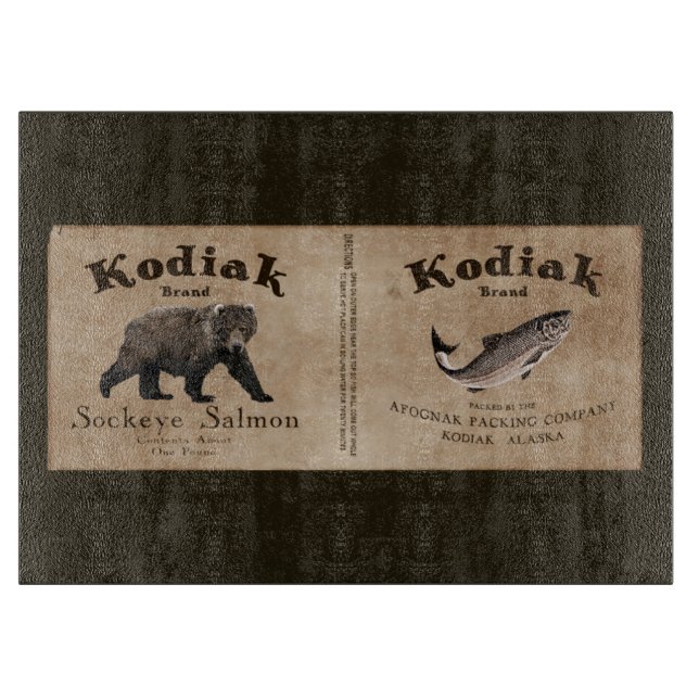 Vintage Kodiak Salmon Label Cutting Board (Front)