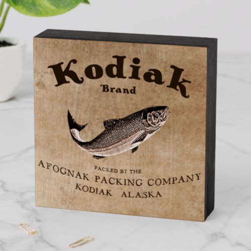 Vintage Kodiak Salmon Label Fish Wooden Box Sign