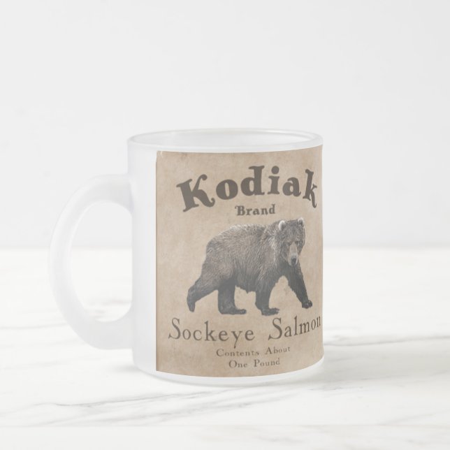 Vintage Kodiak Salmon Label Frosted Glass Coffee Mug (Left)