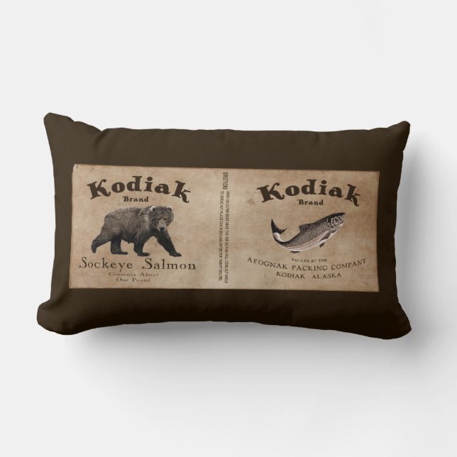 Vintage Kodiak Salmon Label Lumbar Pillow (Front)