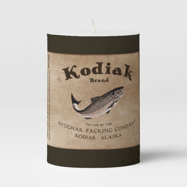 Vintage Kodiak Salmon Label Pillar Candle (Front)