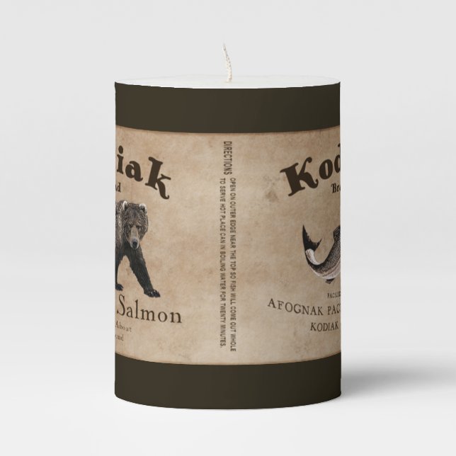 Vintage Kodiak Salmon Label Pillar Candle (Front)