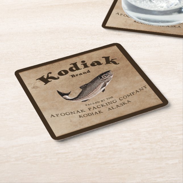 Vintage Kodiak Salmon Label Square Paper Coaster (Angled)