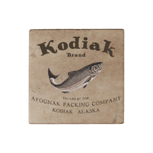 Vintage Kodiak Salmon Label Stone Magnet (Front)
