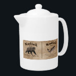 Vintage Kodiak Salmon Label Teapot<br><div class="desc">A label from a can of mythical Kodiak Brand Sockeye Salmon circa 1879. The monochrome (brown) image features a Kodiak Bear (Ursus arctos middendorffi) and a Sockeye Salmon (Oncorhynchus nerka). Text reading "Kodiak Brand Sockeye Salmon" and other information about the mythical Afognak Packing Company and how to prepare the fish....</div>