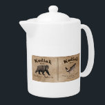 Vintage Kodiak Salmon Label Teapot<br><div class="desc">A label from a can of mythical Kodiak Brand Sockeye Salmon circa 1879. The monochrome (brown) image features a Kodiak Bear (Ursus arctos middendorffi) and a Sockeye Salmon (Oncorhynchus nerka). Text reading "Kodiak Brand Sockeye Salmon" and other information about the mythical Afognak Packing Company and how to prepare the fish....</div>