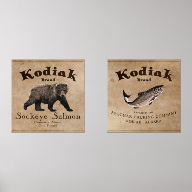 Vintage Kodiak Salmon Label Wall Art Sets (Front)
