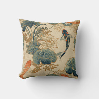 Vintage Koi Fish & Lotus - Japanese Garden Pond Throw Pillow